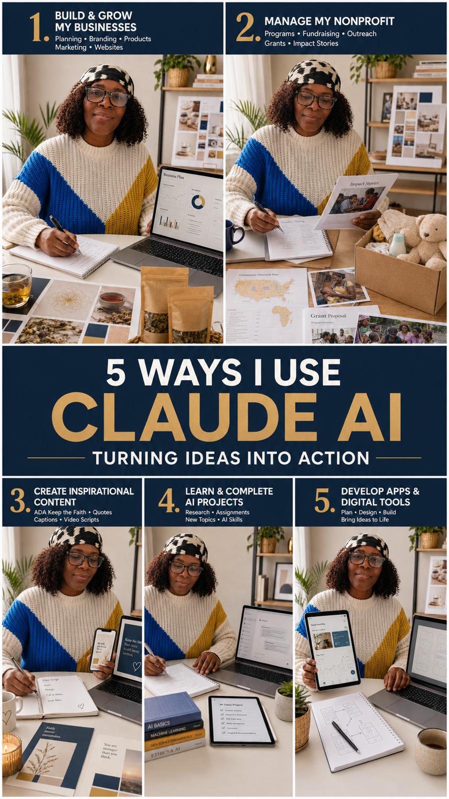 Infographic: 5 Ways I Use Claude AI — turning ideas into action across business, nonprofit, content, learning, and app development