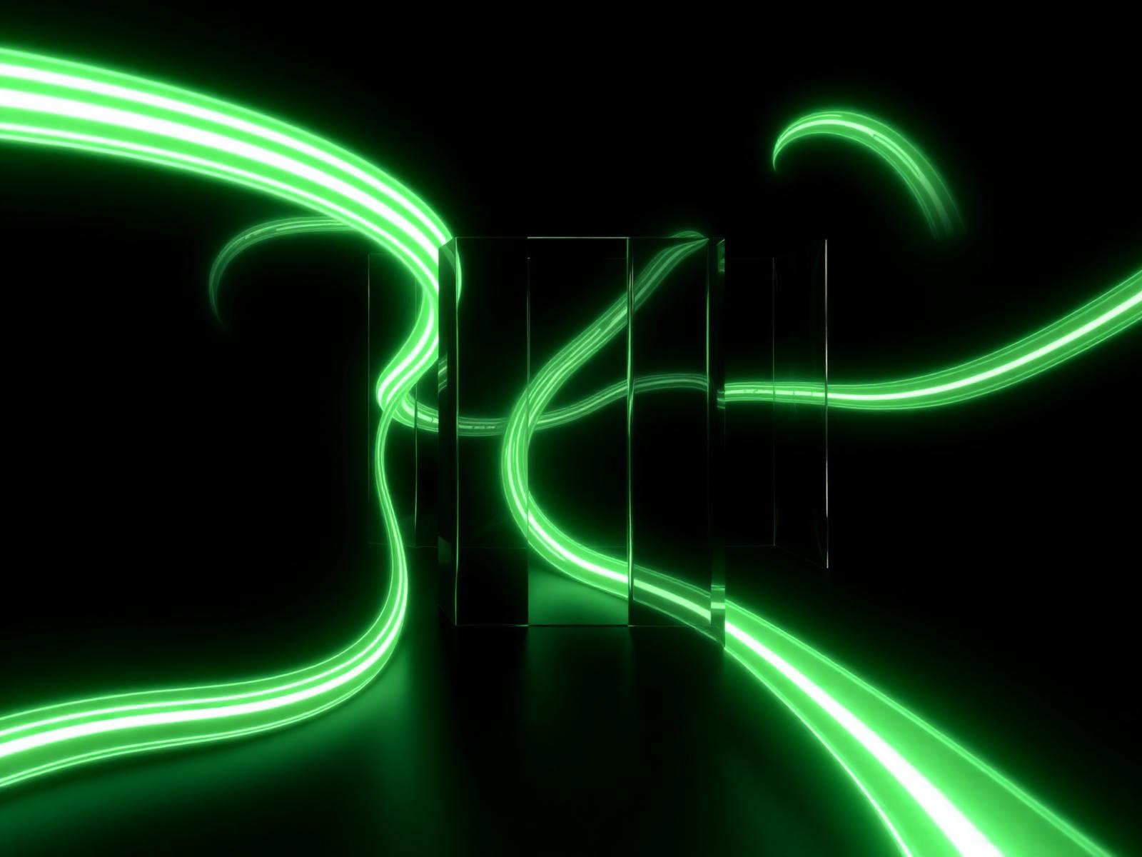 Abstract dark glass prisms lit by flowing electric lime light
